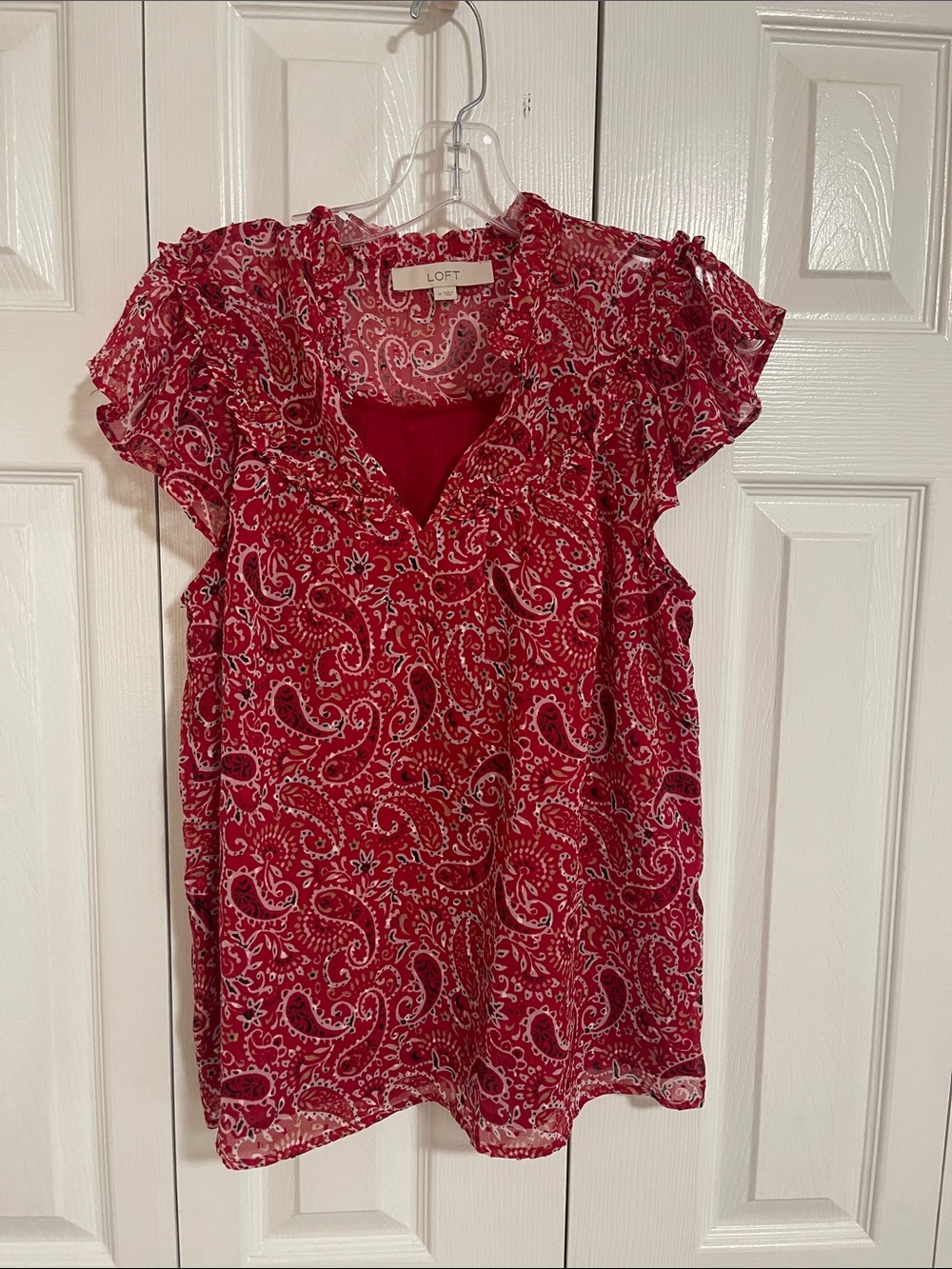 LOFT Red Paisley Ruffle Neck Blouse
